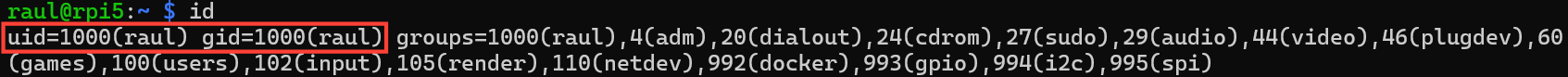 CLI image output of the "id" command with annotation around uid and gid which shows 1000.